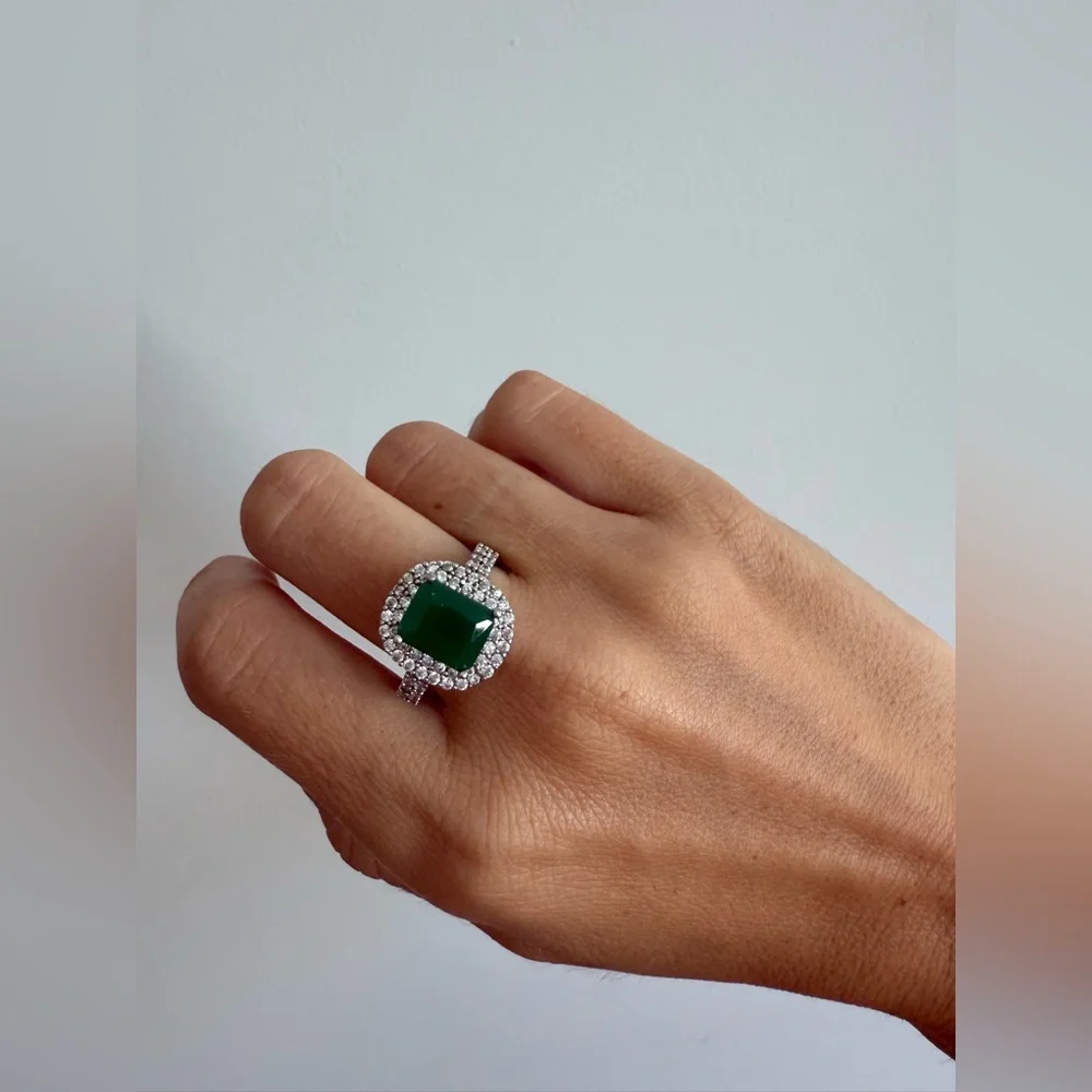 925 sterling SILVER Emerald-cut center Halo Ring with ZIRCONIA pavè- size 8,5 US